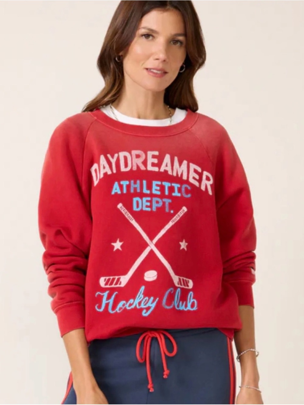 Daydreamer Red Crewneck Sweater with Athletic Hockey Graphic